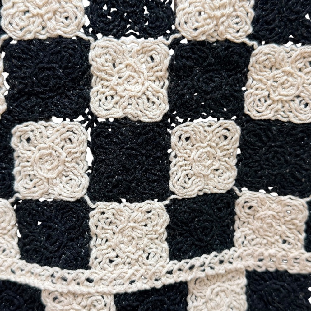 Crochet Vest Women M Black Cream Checkered Boho Knit Button Front Cottagecore - Picture 3 of 5